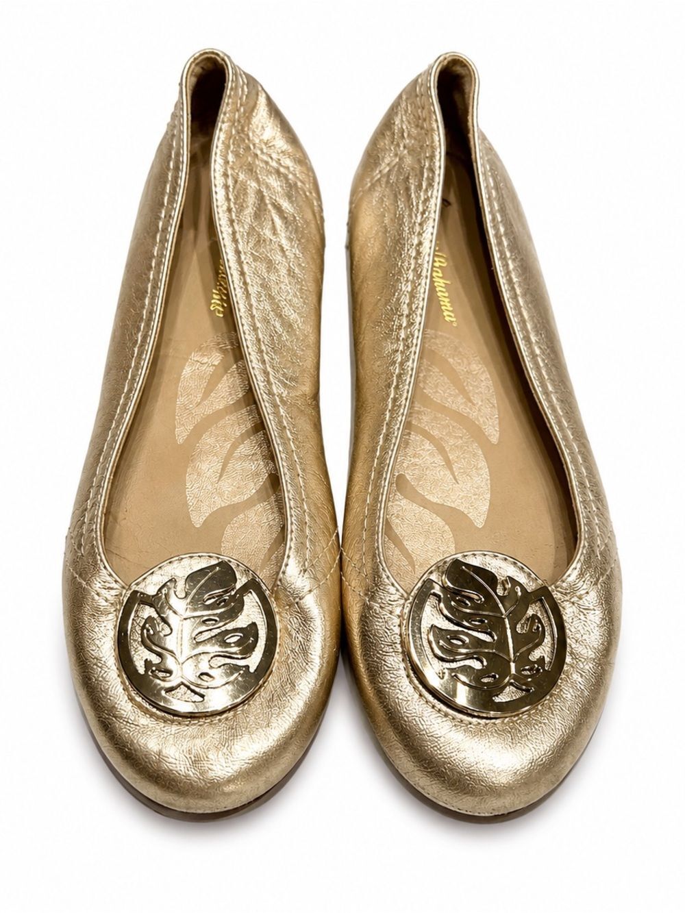 Tommy Bahama Metallic Gold Ballet Athens leaf Flats  Size 7.5 Medallion Accent